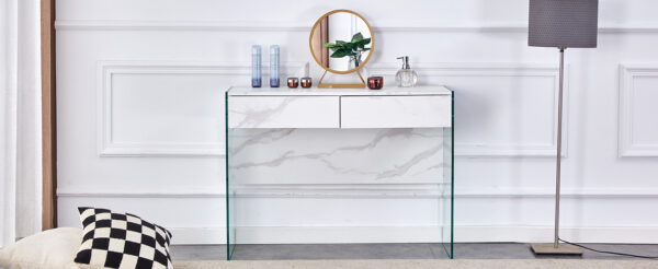 White environmental protection MDF minimalist dresser, desk, desktop computer desk, with double drawer storage space, simple home, perfect for various styles of home environment.