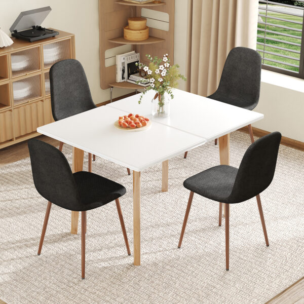 6ddcfaa4bcf54dcc84bd40d82c3483b1_132f397a7b1e9ef5b1e24160600bd561 Table and chair set.White Sintered Stone Tabletop, Rubberwood Legs,Foldable Computer Desk, Foldable Desk.Paired With 4 Black Linen-Cotton Material High Resilience Dining Chair with Metal Leg.
