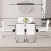 Table and chair set.Elegant Transparent Tempered Glass Dining Set - 71"x35.4" with 6 White PU Chairs with silver C-tube metal leg.