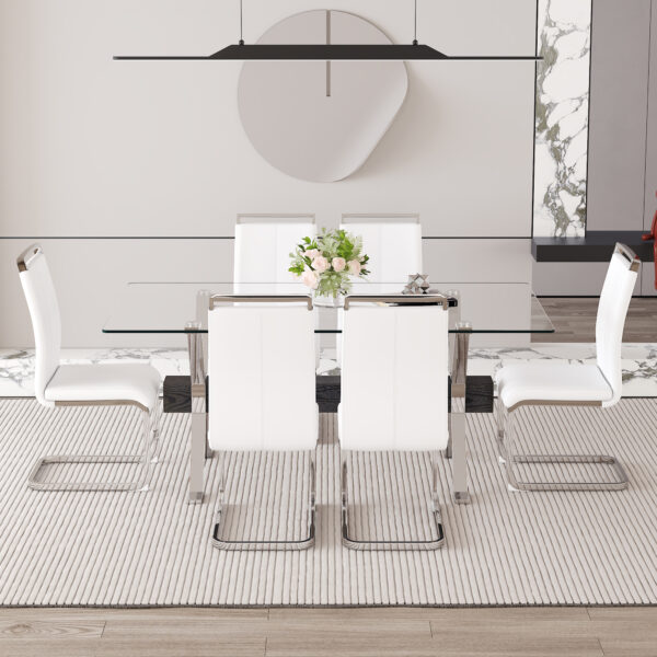 6e01a22315a24c929c5b9b8c49412bc3_b99c259f6ec647126cc73ad9b85cdde6 Table and chair set.Elegant Transparent Tempered Glass Dining Set - 71"x35.4" with 6 White PU Chairs with silver C-tube metal leg.
