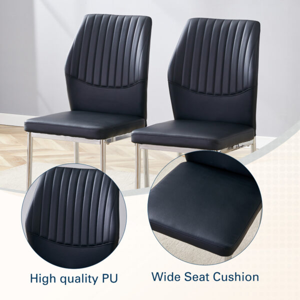 6e023fb0dfce414aba4dc0f90465c156_28d6ca621b9a9269b66b57415304c68a Luxury Simple Chair - Set of 6 BLACK PU Material High Resilience Dining Chair with Metal Silver Leg.The Chair Back Has a Vertical Stripe Design With Smooth And Uniform Lines.