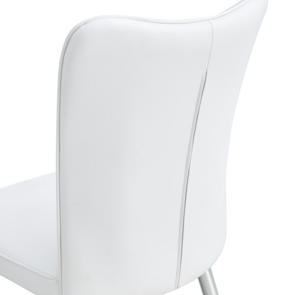 6e07d78f9e3242d385973aa5bcfe7994_bb01954120169229ef237fbcf61a4956 Table and chair set.63"x31.5x30" Luxurious Pandora patterned Sintered Stone Tabletop with Silver Stainless Steel Legs.Paried With 4 White PU Chairs with a vertical stripe design on the backrest.