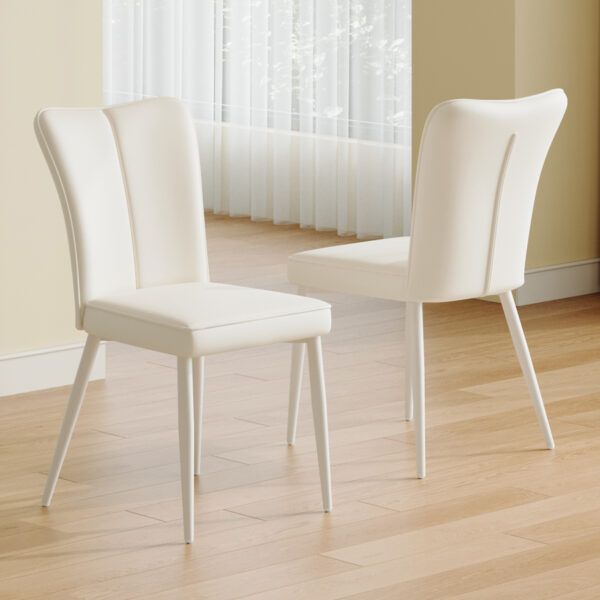 Modern minimalist dining chair, white PU leather curved back and seat cushion, white metal chair legs, suitable for dining room, bedroom, living room.  A set of 2 chairs.  008