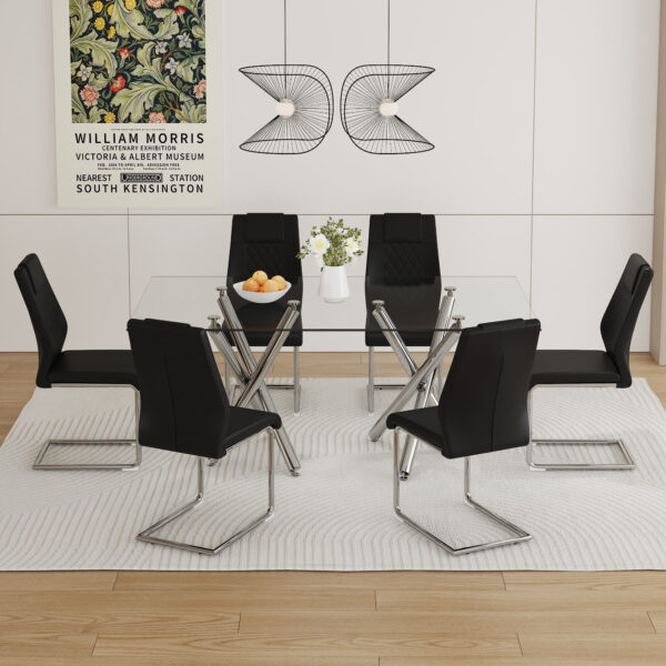 6e41e3d14332405ca4fa971b4a5fe657_fa490998de58509cdb040f3305c6232a Table and chair set.71''*35.4'' Inch Modern Luxurious Transparent Tempered Glass Dining Table Set with 6 Chairs.Double Fork Silver Metal Table Legs.Black High-quality PU Dining Chairs.