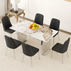 Table and chair set.63*31.4 Inch Pandora Patterned Sintered Stone Dining Table Set - 6 Black Chairs With Silver Metal Legs.Modern Light Luxury.Perfect For Dinner Room,Meeting Room,Kitchen,etc.