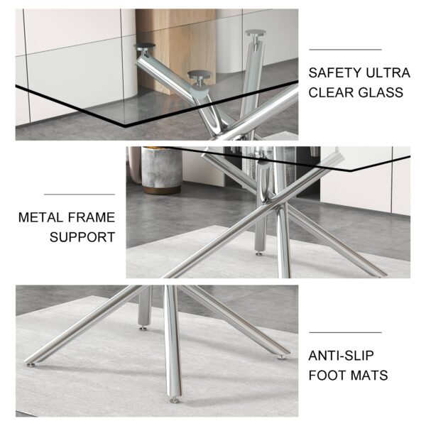6e59a39068414ca3b8194f633fd0e1d9_20221218_ed6eb9718d48049e6f90d7f2d45b85a1 Large Modern Minimalist Rectangular Glass Dining Table for 4-8 people with 0.39" Tempered Glass Tabletop and Silver Metal Legs, for Kitchen, Living Meeting Room .71*35.4*30.W1151S01472