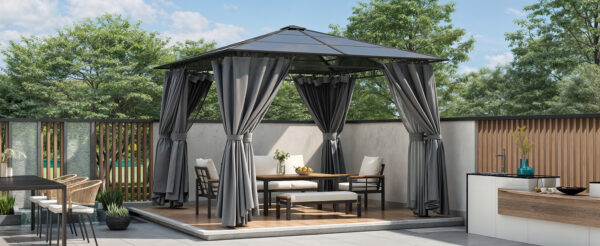 TREXM 10'x10' Hardtop Outdoor Gazebo with Polycarbonate Roof, Patio Gazebo with Aluminum Frame, Mosquito Netting and Privacy Screens for Shade and Rain, Backyard Tent for Backyard, Garden, Lawn (Grey)