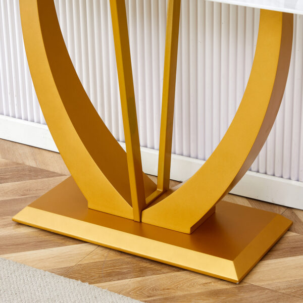 Modern and simple rectangular glass dining table in white with a pattern, 0.39 "white top and gold legs, suitable for entrance and living room.