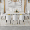 Table and chair set.The table has a glass top with imitation marble pattern stickers and stainless steel golden legs. Paried with chairs with PU artificial leather backrest cushions and black legs.