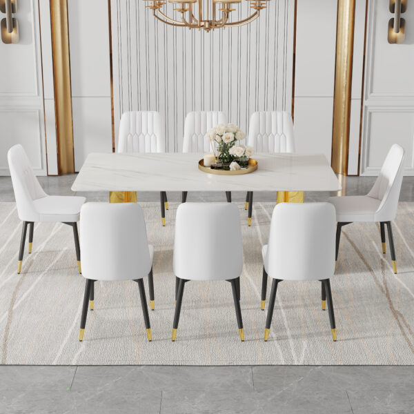 6ea61060bbf44e7085994b0d136f9086_dd7853f256fbffa127819e523e8b0d3c Table and chair set.The table has a glass top with imitation marble pattern stickers and stainless steel golden legs. Paried with chairs with PU artificial leather backrest cushions and black legs.
