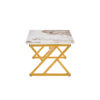 A coffee table is made of rock slab material, with a natural and smooth marble pattern on the surface, which complements the modern design of the golden metal legs and adds a touch of fashion.47*23.6