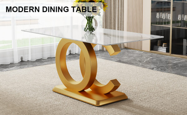 A large modern minimalist rectangular dining table suitable for 6-8 people, equipped with gold MDF OC shaped brackets and aureate base, suitable for kitchen, living room, dining room F-OC