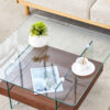31.4 Inch Modern Two-Tier Square Coffee Table - An Elegant Combination of Clear Glass and Dark Wood Texture Sticker It can be used not only as a coffee table but also as a side table or display stand.