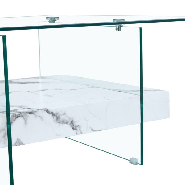 6f563b19b555466bb41860a4cf0453b2_1f326ef4108627ff2b93f8b22ae231cf 31.4 Inch Modern Two-Tier Square Coffee Table - An Elegant Combination of Clear Glass and White Marble Pattern Sticker.It can be used as a coffee table,a side table or a display stand.