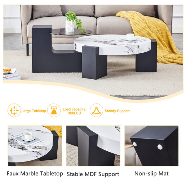 6f6fa03ddbe6476e809198e72cb3fb66_72bd1c2cd80ba06f34ffb5b5fa40b148 Modern Simple Double-Layer Round Coffee Table - Transparent Gray Glass Top with Black MDF L-Shaped Legs.The detachable design can make the use of space more flexible.