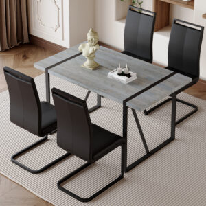 Table and chair set. Modern minimalist grey marble textured MDF dining table with metal frame.Paired with 4 black PU chairs with Black Featuring arched black legs.