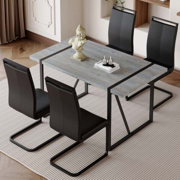 6f72b9326f21406f8b8f8733b9106fd4_8294fa0f08deab8ad96b442c275c5768 Table and chair set. Modern minimalist grey marble textured MDF dining table with metal frame.Paired with 4 black PU chairs with Black Featuring arched black legs.