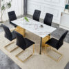 Table and chair set.63"x31.5x30" Luxurious Cold Jade Patterned Sintered Stone Dining Table with Golden Stainless Steel Butterfly Legs.Paried With 6 Black High-quality PU Chairs With Arched Metal Legs.