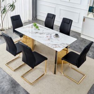 Table and chair set.63"x31.5x30" Luxurious Cold Jade Patterned Sintered Stone Dining Table with Golden Stainless Steel Butterfly Legs.Paried With 6 Black High-quality PU Chairs With Arched Metal Legs.