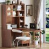 Computer Desk with 90 Degree Rotating Desktop, 43x70 Inch Office Desk with Storage Drawer and Cabinets, Gaming Desk with Shelves, Writing Desk for Study, Work Desk for Home Office Bedroom Living Room