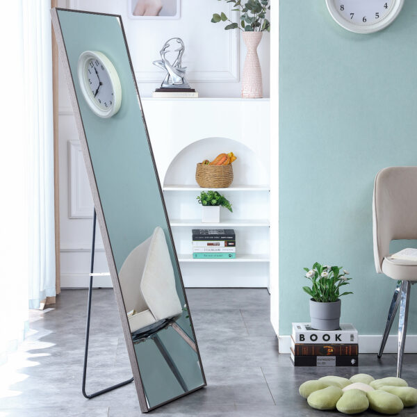 3rd generation gray solid wood frame full length mirror, dressing mirror, bedroom porch, decorative mirror, clothing store, floor mounted large mirror, wall mounted. 58 "* 15"