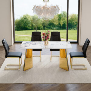 Table and chair set.63"x31.5x30" Luxurious Pandora patterned Sintered Stone Tabletop with Golden Stainless Steel Butterfly Legs.Paried With 4 Black High-quality PU Chairs With Arched Metal Legs.