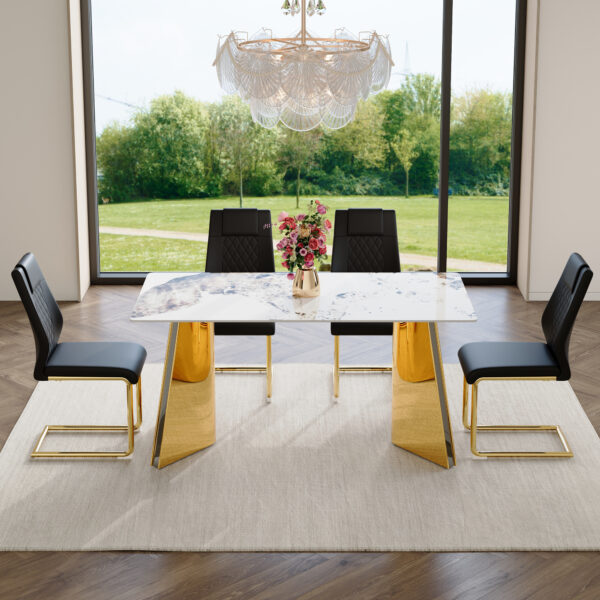 6fbf4b84ad85459fbd1fe6a740c71dbc_c00907a1bece8e72be8356ec973b500e Table and chair set.63"x31.5x30" Luxurious Pandora patterned Sintered Stone Tabletop with Golden Stainless Steel Butterfly Legs.Paried With 4 Black High-quality PU Chairs With Arched Metal Legs.