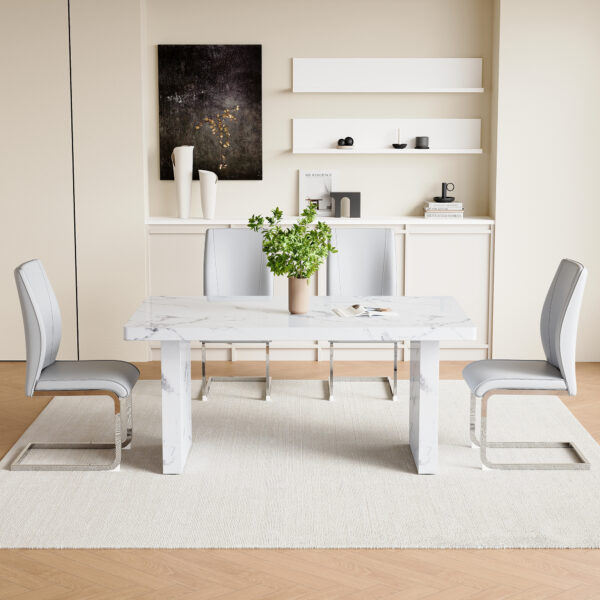 6fc45fc9590c44049acb8ac6a2af10dd_69a4d47f520a187520281dd652f4c0bc Table and chair set.63"*35.4" White Imitation Marble Pattern MDF Dining Table Set - 4 Soft and Comfortable Light Gray PU Chair With Arched Metal Silver Leg.Create Your Exclusive Low-Key Luxury Space.
