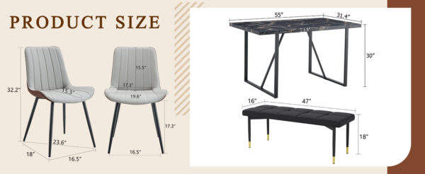 6fd3e1880c6b4ff9a71b08bb0de9b381_e9f17bcd513b95ba65eed40dfd689361 Table and chair set.Modern Black Marble Pattern MDF Dining Table Set - 55"x31.4" with 4 Extended Seat Cushion PU Dining Chairs and 1 Bench,A Choice of Subtle Luxury for Modern Homes.
