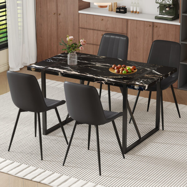 6feb7c6918784e5d9bb2fe7c6fc41675_4b06da7d88b08ad25a9dffce1122c405 Table and chair set.Modern Black Marble Pattern MDF Dining Table Set - 55"x31.4" with 4 Extended Seat Cushion PU Dining Chairs.Black Cushion.Iron Pipe Spraying Chair Legs.