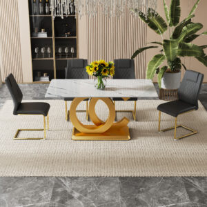 Table and chair set.Subtle Luxury Tempered Glass Dining Set - 63"x35.4" with 4 Black PU Chairs with golden C-tube metal leg.Arched Metal Gold Leg.White imitation marble texture sticker Tabletop.