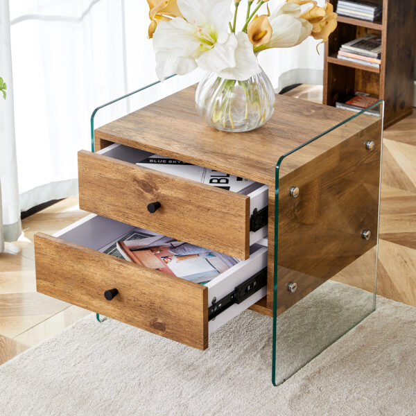 6ff8df2968184896a9711093f5e02431_df5fbb391e45ee19404e7badddafbadc Double-drawer bedside table. The board surface is MDF sticker, and both sides are transparent tempered glass. The design is simple and elegant, with excellent storage functions.