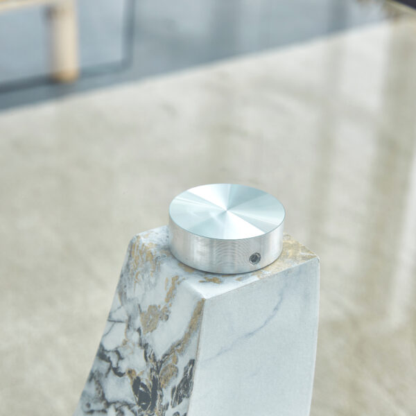 6ff9fa6e11024c4bb49a1e131949b85c_20240206_9fc9fabaf72bcaff145e7dff698cb9be Modern minimalist transparent tempered glass coffee table with marble patterned MDF legs and stainless steel decorative columns. Computer desk. Game table. CT-907