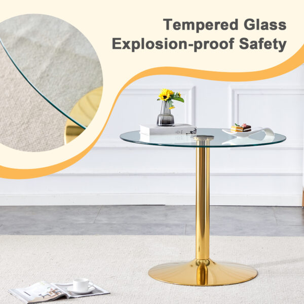 7022de37557641b295dfc3854f6a4664_237b3bd832bbb982314c080170544940 A 35-inch diameter glass top and a modern, minimalist round dining table with gold metal legs. Ideal for dining rooms, living rooms and meeting rooms.