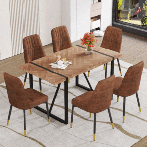 Table and chair set.A minimalist retro rectangular dining table with a wood color fishbone patterned textured top and black metal legs.Paired with 6 Brown Technology-Fabric Material Dining Chairs.