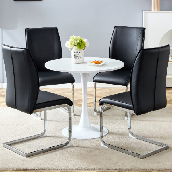 704fab45891c4a37b964f91aa6ee237b_e3d6708250efebf01700224dd24fa3dc Table and chair set.Hourglass-Shaped Stable Small Round Table -31.9" * 31.9" With 4 Soft and Comfortable Black PU Chair With Arched Metal Silver Leg.Create Your Exclusive Low-Key Luxury Space.