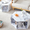 Minimalist white patterns hexagonal Coffee Table Set.Hexagonal MDF coffee table, characteristic pattern stickers, multi-hole design to give more storage space.Two coffee tables of different sizes.