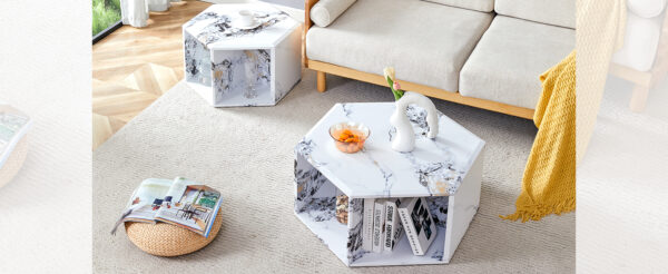7052294567e5409dbe66c1d40cb9323f_feebdb596594307e9310404767e9f910 Minimalist white patterns hexagonal Coffee Table Set.Hexagonal MDF coffee table, characteristic pattern stickers, multi-hole design to give more storage space.Two coffee tables of different sizes.