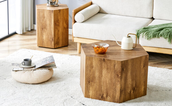 7053c3fdaa9c4ce0b5e926b55754eb18_3da450bb543cbd30e0e7e41e4402b367 Modern Minimalist Set of Two Hexagonal Wood-Grain MDF Coffee Tables.Modern MDF coffee table, with complex texture patterns, style and texture coffee table to redefine your interior decoration.