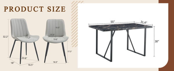 70559b15bc0f40aa9ee61401c7219aba_a10ef2cf8f5edd6c4f3cdb1924bc0ba2 Table and chair set.Modern Black Marble Pattern MDF Dining Table Set-55"x31.4" with 4 Extended Seat Cushion PU Dining Chairs.Light Gray Cushion.Iron Pipe Spraying Chair Legs.