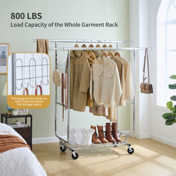 7060a45f0b9b41f6903c6f5c9e613fdb_441ba83fe57bf9facfa51174af682500 Double Clothing Garment Rack with Shelves Capacity 800lbs Clothing Racks on Wheels Rolling Clothes Rack for Hanging Clothes Heavy Duty Portable Collapsible Commercial Garment Rack
