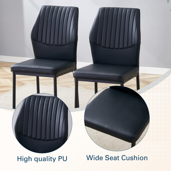 7064f670190b4316b410e2c18aae12c8_85d3d355a0c03fa8d9b2fc895c887566 Luxury Simple Chair - Set of 6 BLACK PU Material High Resilience Dining Chair with Metal Black Leg.The Chair Back Has a Vertical Stripe Design With Smooth And Uniform Lines.