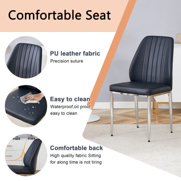 70765958567b46f18b58f4d2bc728bf1_e5eaf2551b8689b7572e1d07b2e58a0d Table and chair set.Modern circular transparent tempered glass table, tempered glass tabletop, silver metal table legs.A Set of 4 Black PU Comfort Dining Chairs with extended backrest.