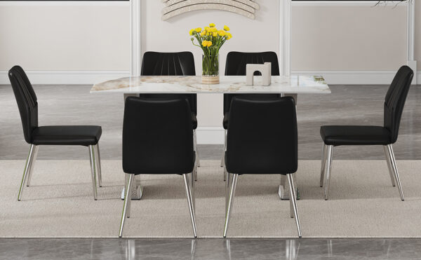 70791e963d634c11884756fa1fa7bbde_dc2b6636e0953b0447d3eb8195aeb8cd Table and chair set.63*31.4 Inch Pandora Patterned Sintered Stone Dining Table Set - 6 Shell Textured Black Chairs, Modern Light Luxury.Perfect For Dinner Room,Meeting Room,Kitchen,etc.