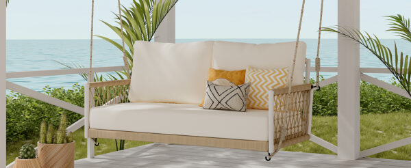 TREXM 1-Piece Woven Rope Outdoor Swing Sofa with Soft Cushions Seating 2 for Patio, Courtyard and Balcony (Beige)