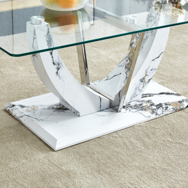 70831bf31ae64016859a81219eae17d5_20240206_a2c9b818b3d5115be7ebd15ce98c171a Modern minimalist transparent tempered glass coffee table with marble patterned MDF legs and stainless steel decorative columns. Computer desk. Game table. CT-907