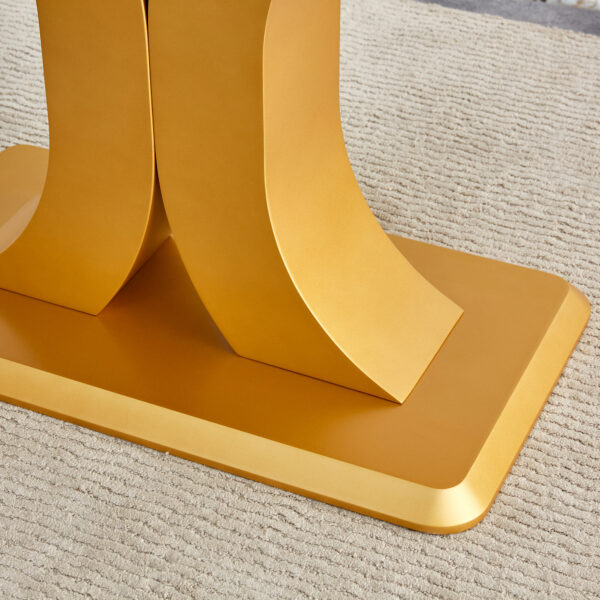 Table and chair set.71"x35.4"x30" Luxurious Pandora Patterned Glass Dining Tabletop with Golden Back To Back C-Shaped MDF Legs.Paried With 8 Light Gray PU Chairs with golden C-tube metal leg.