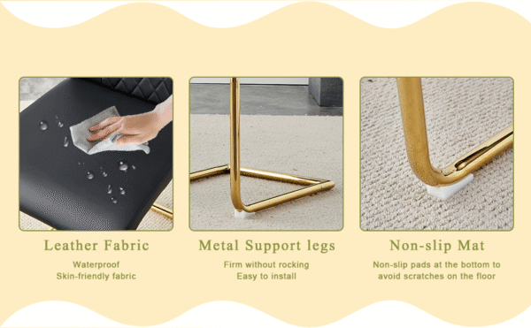 70965889d2ad4b039fb3f9e7c7b5db1d_f5251d7a2f08b0108d5ec326d600034f A modern minimalist style round transparent tempered glass table with gold metal legs, paired with 4 modern PU leather high-back dining chairs, bring a luxurious experience.