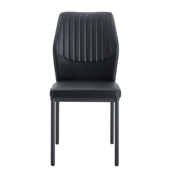 709c68ea68074815b1516afdead6c00a_630a27f22b97ad95ca2fff9186b85106 Luxury Simple Chair - Set of 6 BLACK PU Material High Resilience Dining Chair with Metal Black Leg.The Chair Back Has a Vertical Stripe Design With Smooth And Uniform Lines.