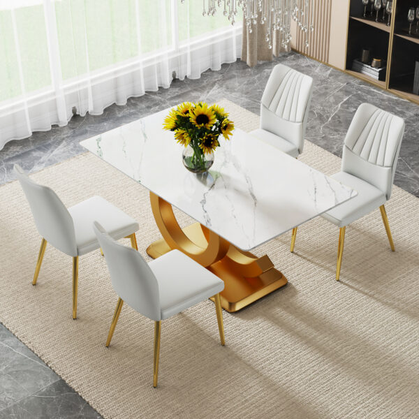 A large modern minimalist rectangular dining table suitable for 6-8 people, equipped with gold MDF OC shaped brackets and aureate base, suitable for kitchen, living room, dining room F-OC